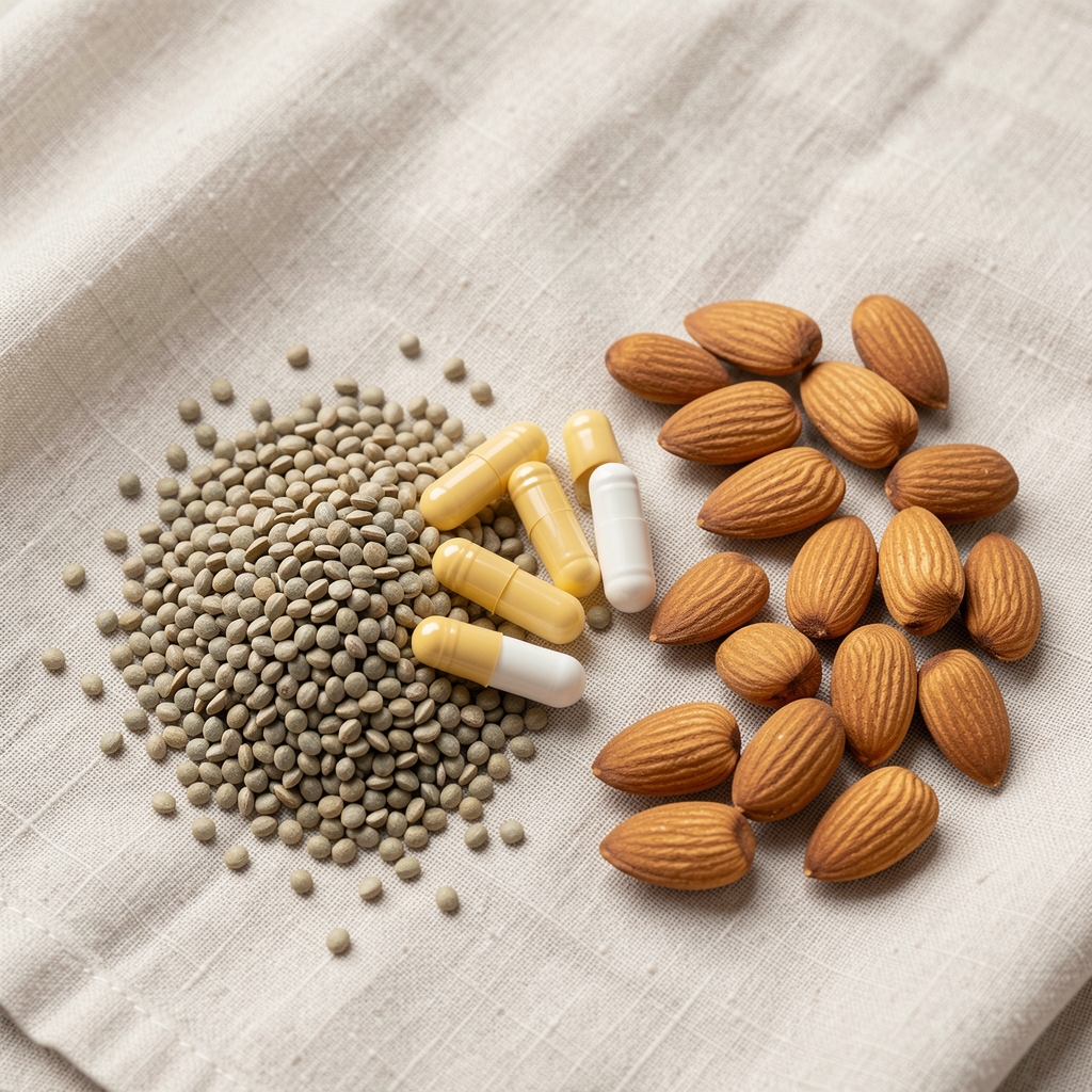 Supplement capsules arranged on pale linen beside zinc-rich seeds and whole almonds, editorial flat lay composition