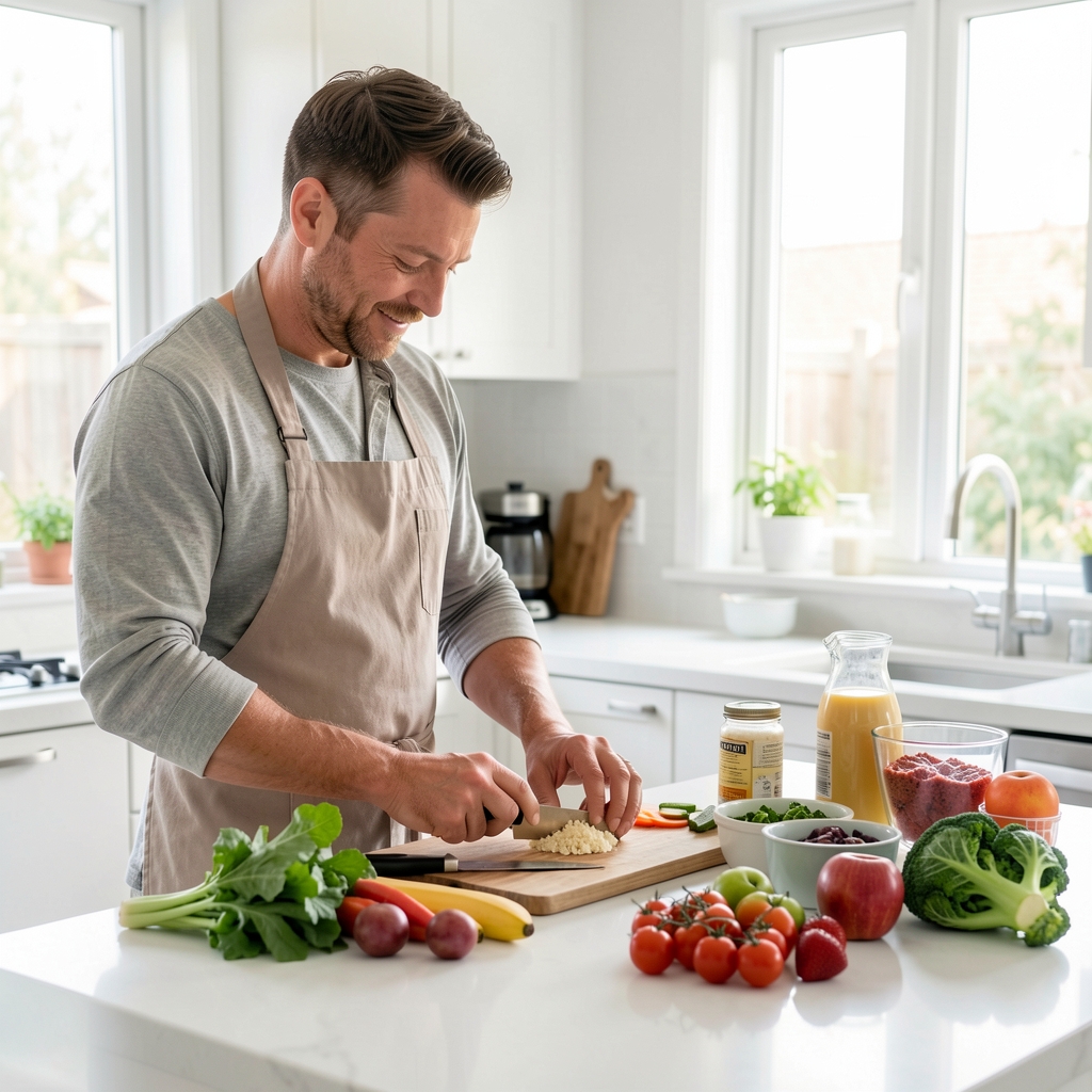 Active Indonesian man preparing morning nutrition routine with whole foods on a bright kitchen counter, editorial daylight